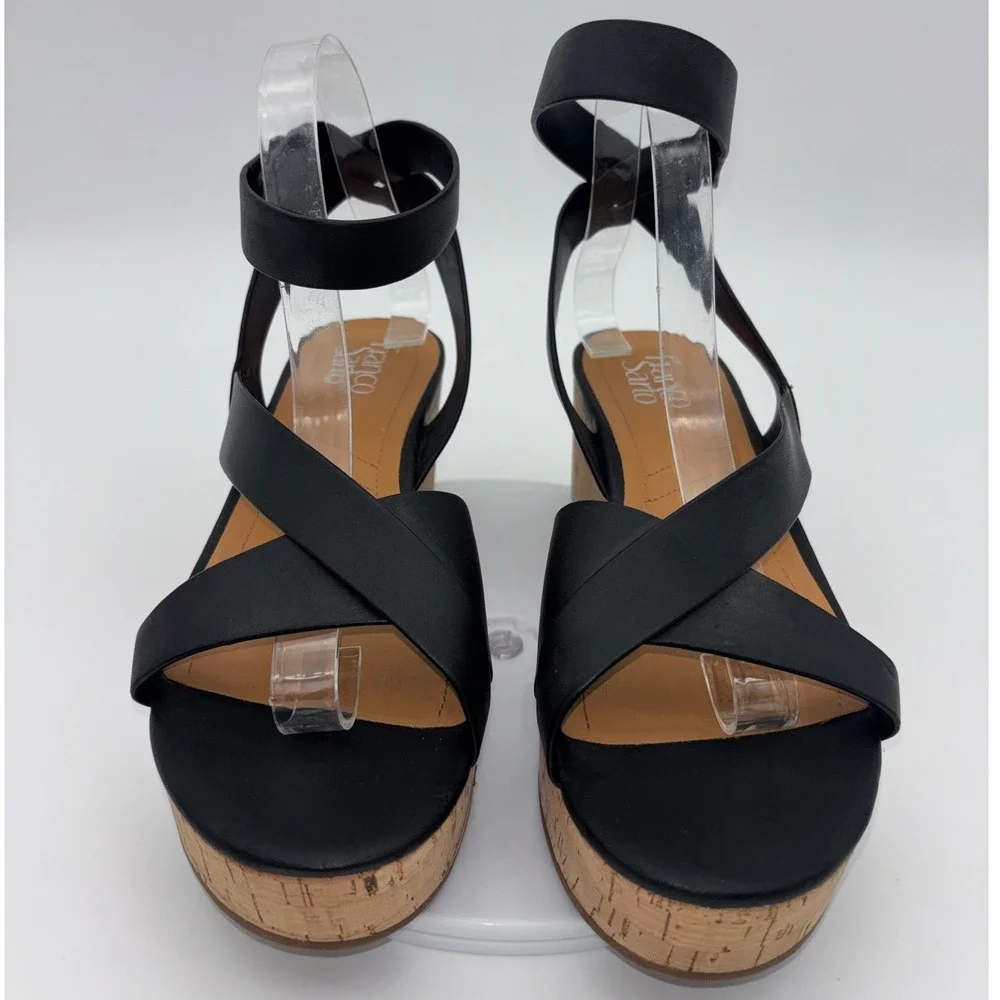 FRANCO‎ SARTO Black Wedge Shoe Sandal Heel Patty Women Strappy Cork Platform 9